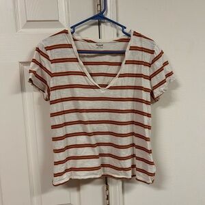 Madewell White and Brown Striped V-Neck Tee, size L